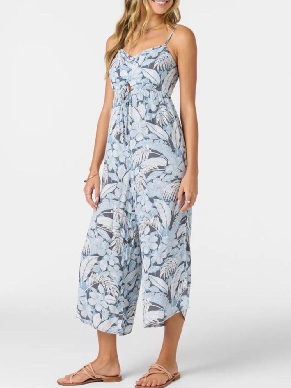 O'Neill Keiko Palmetto blue and white tropical leaf pattern Jumpsuit